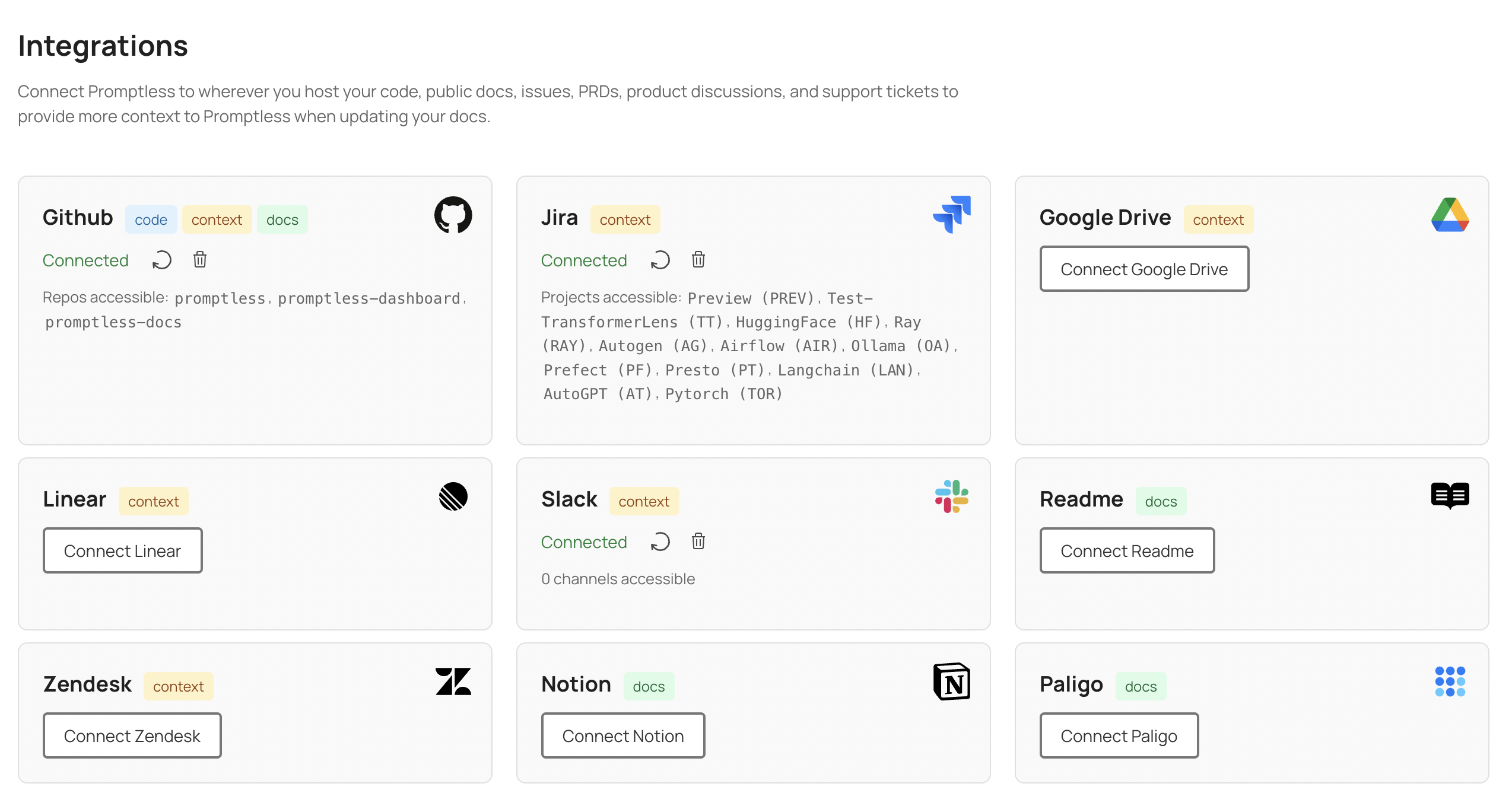 The Promptless web interface integrations page