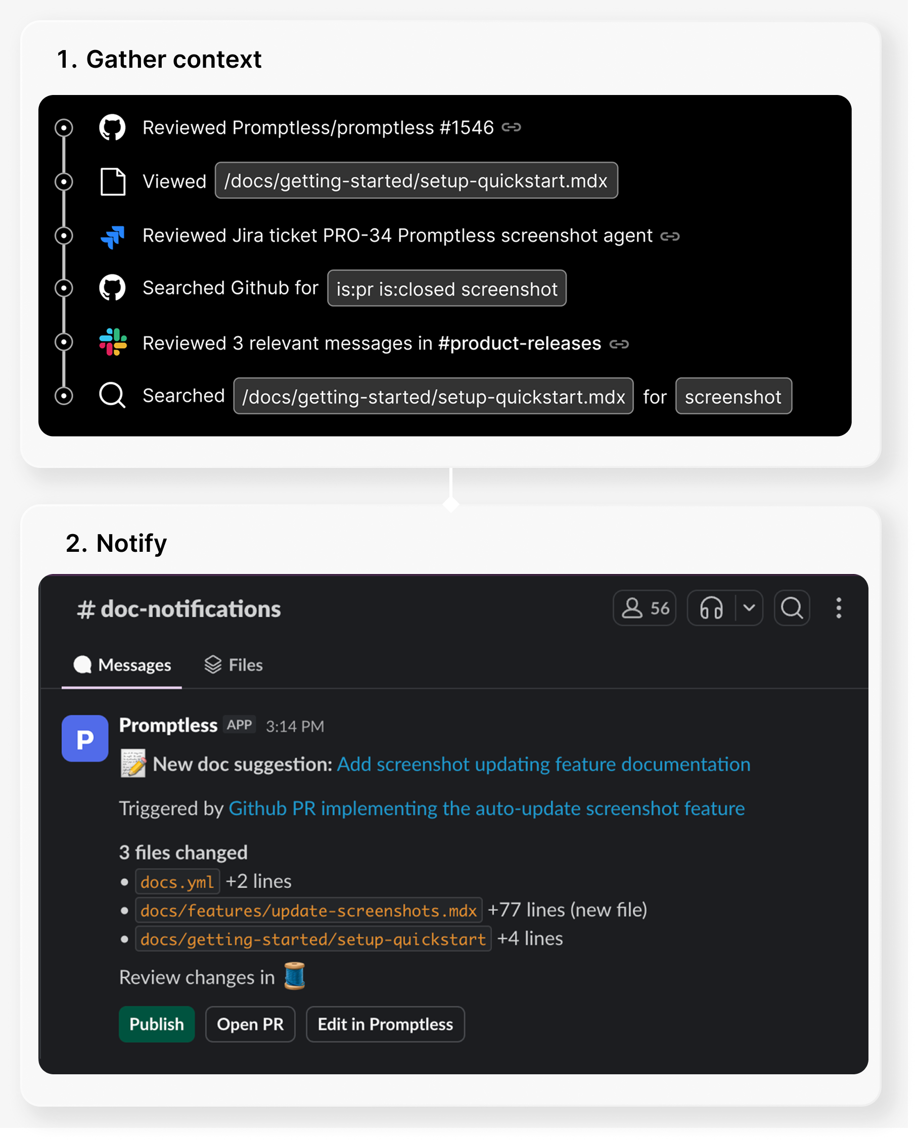 Promptless researching context for a documentation update