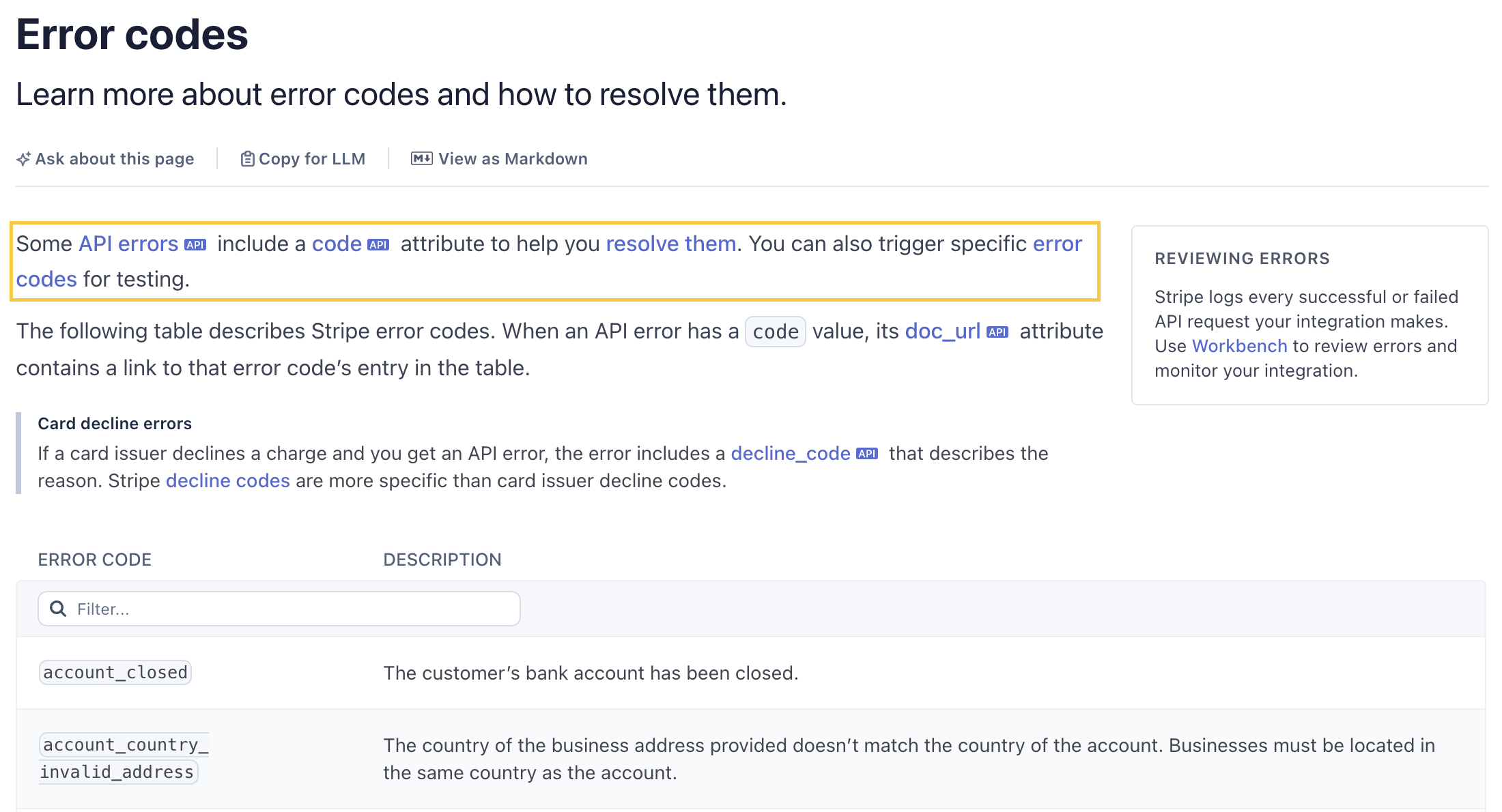 Stripe error codes documentation page showing a filterable table of error codes and descriptions