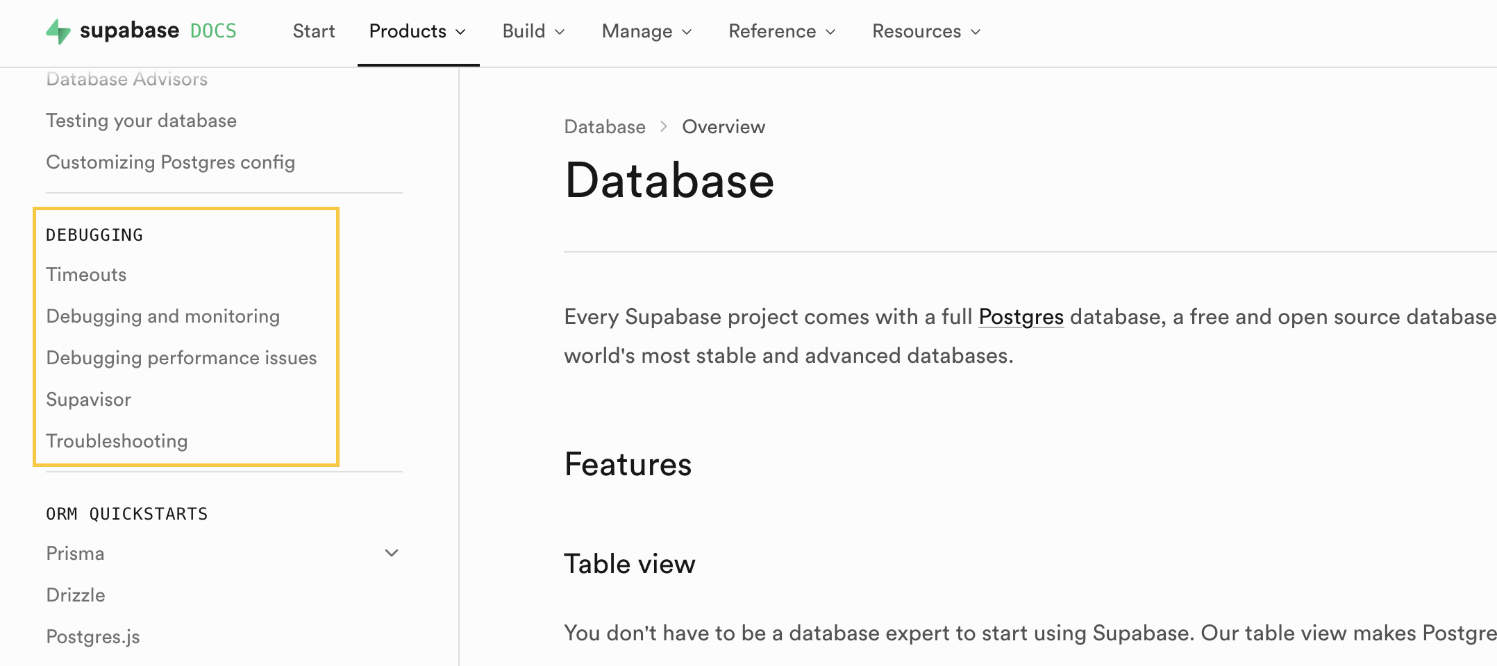 Supabase database docs showing a Debugging section in the sidebar with Timeouts, Debugging and monitoring, Debugging performance issues, Supavisor, and Troubleshooting